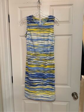 Catalina Sleeveless Blue and Yellow Striped Midi Sheath Dress